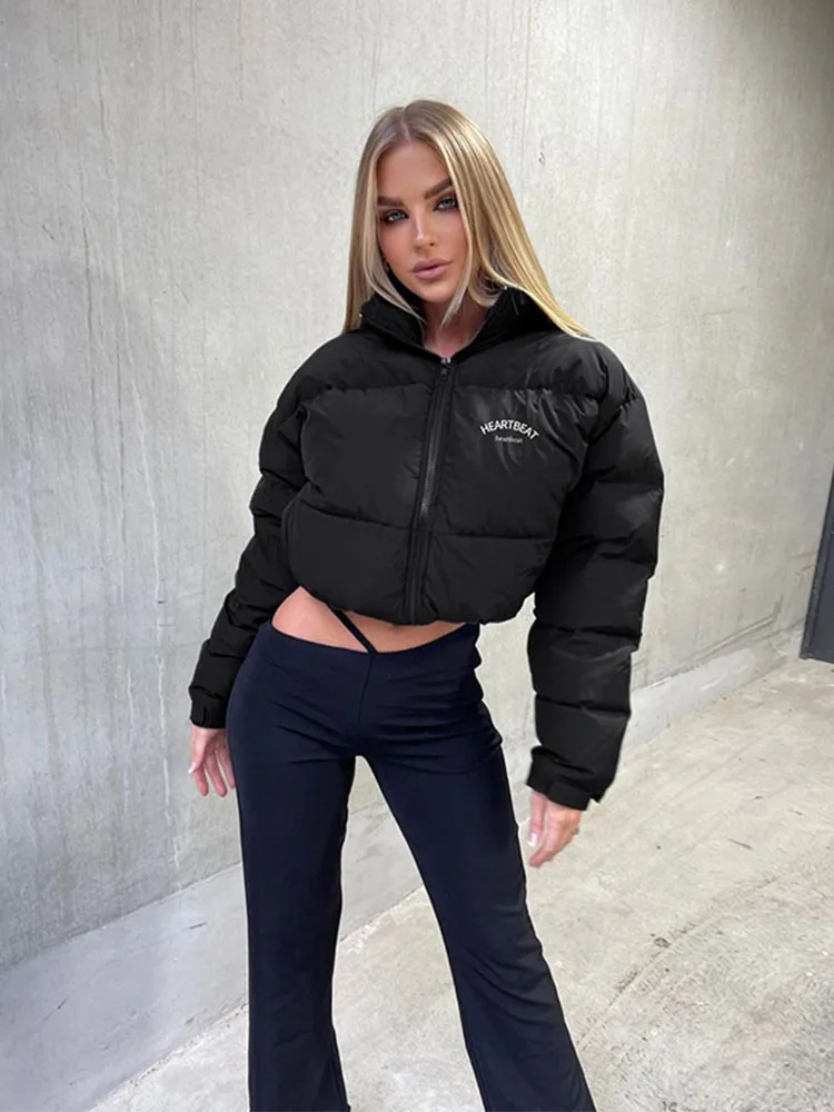 Zipper Winter Stand-up Collar Black Coat For Women Clothes Warmth Fashion Silm Fit Chaquetas Para Mujer Long Sleeve Short Jacket
