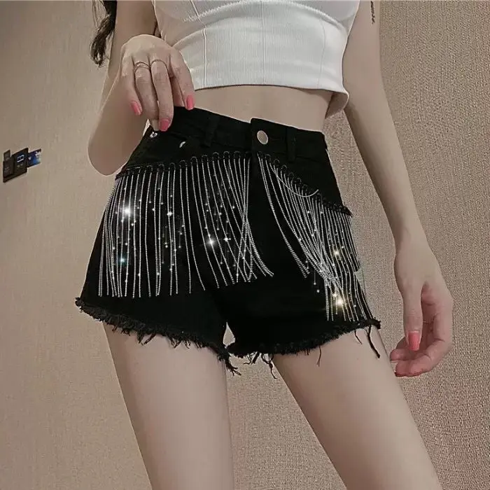 

New style embroidered sequin raw hem denim shorts for female summer students Korean loose wide leg pants hot pants