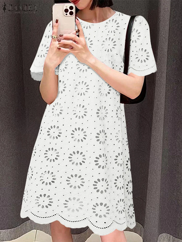 ZANZEA элегантное женское мини-платье для отпуска с коротким рукавом и круглым