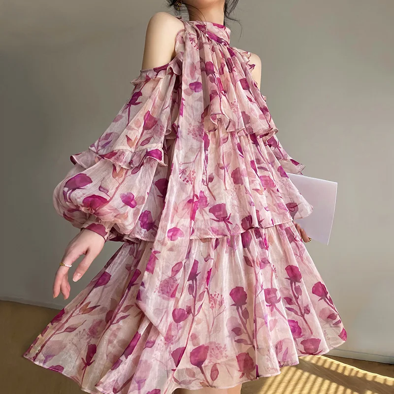 

Female Clothing Casual French Chiffon Floral Sweet Resort Style Off-the-Shoulder Balloon Sleeve Party Evening Dress Women 2022