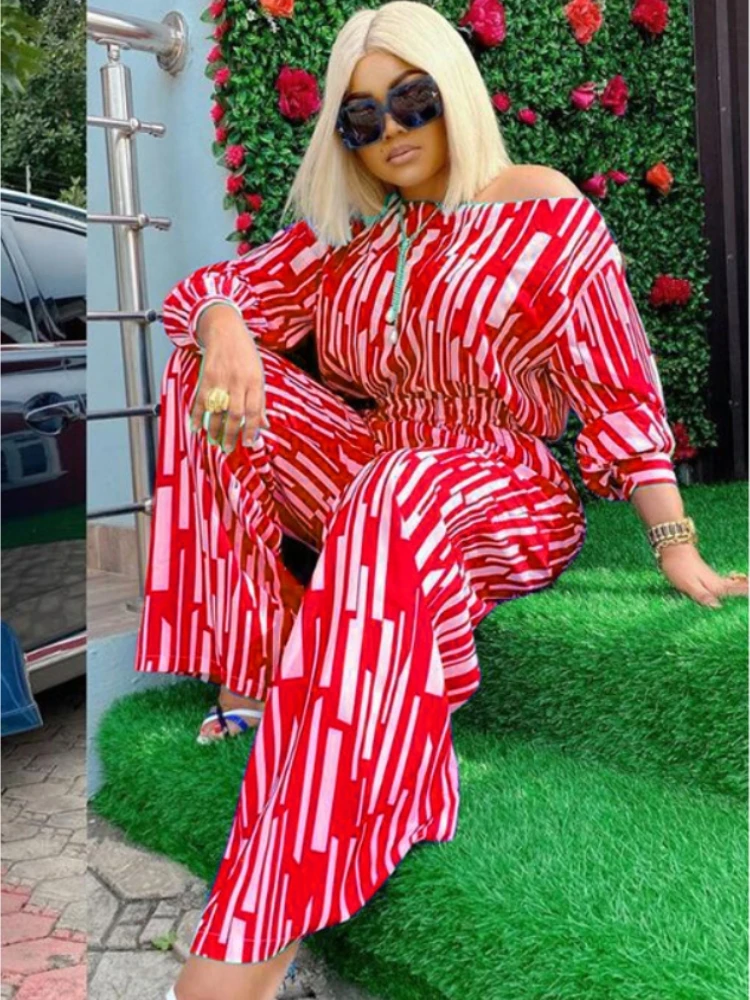 4XL Plus Size Matching Sets Women Stripe Long Sleeve T Shirts + Wide Leg Pant Suits 2 Piece Female Casual Loose Outfits 2023