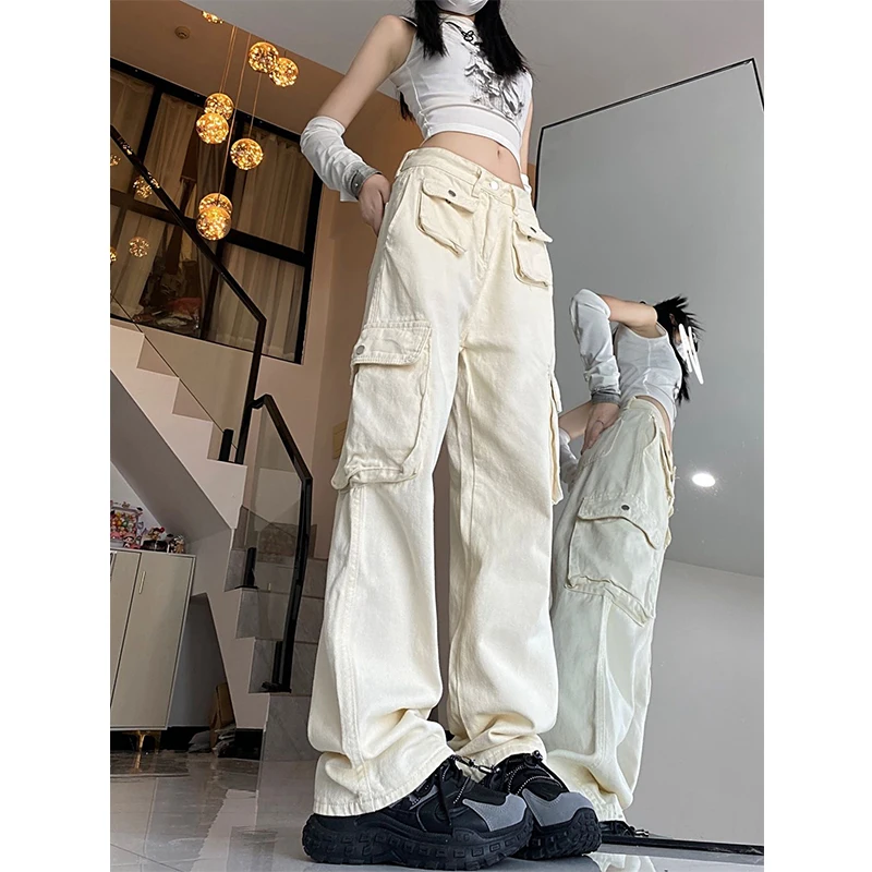 Белые джинсы-карго для женщин свободные прямые брюки с множеством карманов в