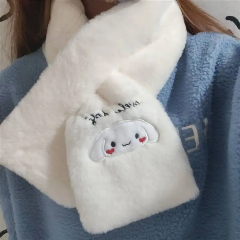 

New Kawaii Cute Sanrio Cinnamoroll Short Plush Scarf Cross Style Keep Warm Soft Cold Proof Ins Girl Christmas Gift For Children