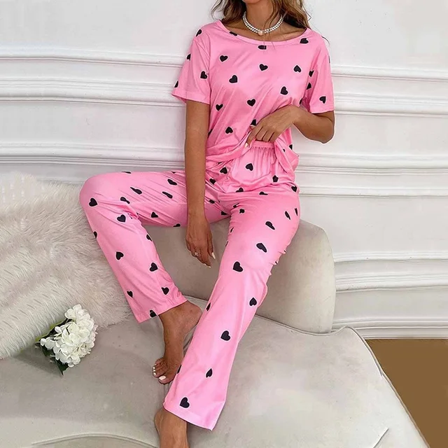 Conjunto de pijama feminino manga curta, tops com calças estampa de amor coreano, pijamas fofos e doces, roupa de casa, verão 4