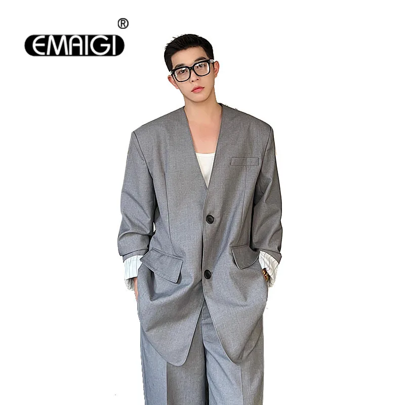 

Blazers Men Streetwear Fashion Hip Hop Loose Casual Collarless Shoulder Pad Oversize Gray Blazer Jacket Male Suit Coat Outerwear