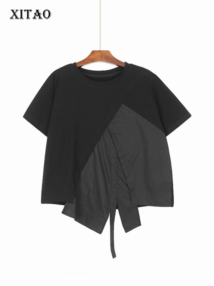 

XITAO Women Fashion T Shirt Small Fresh Patchwork Irregular Pullover Minority 2023 Summer Elegant Loose Tee Top WLD16146