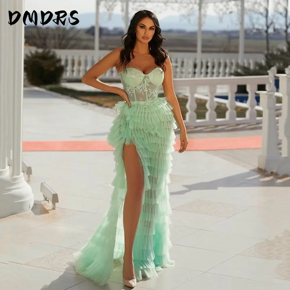 

Princess Prom Gowns Mint GreenTiered Sweetheart Neck Evening Dress Lace Puff Tulle Prom Party Dresses Custom Made