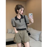 miss cocoli design sense niche contrast polo collar striped bubble sleeve chic back lace up t shirt top
