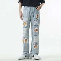 mens four seasons trousers american high street trend hole patch men and women with the same style denim trousers ins hot sale