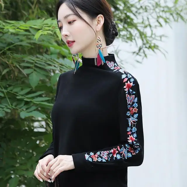 

2023 chinese traditional shirt women hanfu tangsuits flower embroidery base shirt elegant oriental folk style tang suit a613