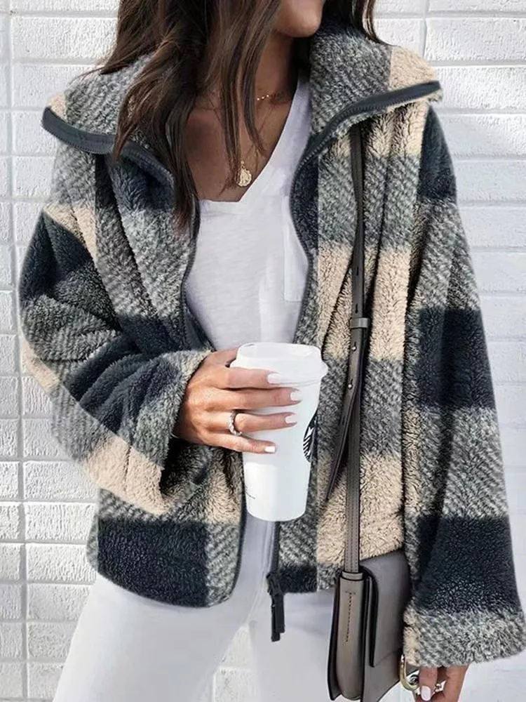 

2023 Autumn Plaid Fleece Women's Coat Warm Thickening Long Sleeve Zippers Coats Female Winter Warm Fashion Casual Ladies Coat