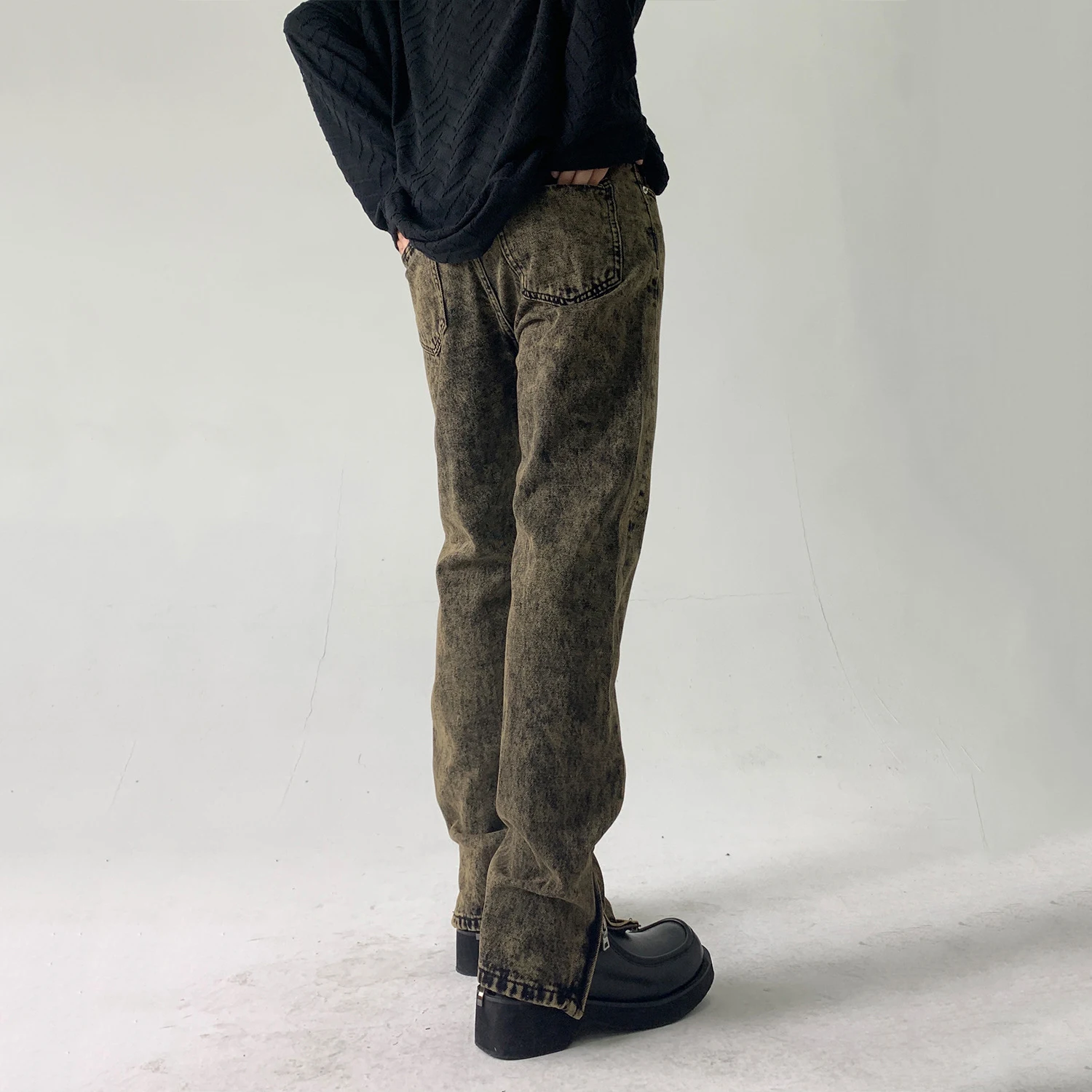 Washed Retro Men's Distressed Jeans Korean Style Street Trend Slim Fit Slim Side Zipper Casual Trousers Streetwear Men's Casual