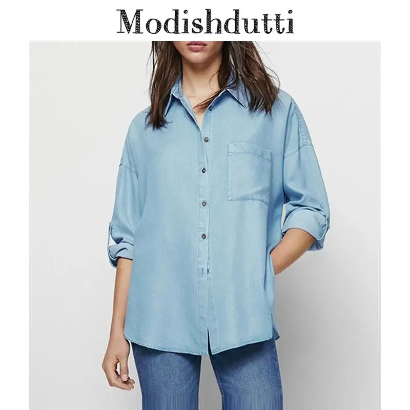 

Modishdutti 2022 Spring Autumn Women Fashion Long Sleeves Casual Denim Shirt Female Solid Color Pocket Simple Blouses