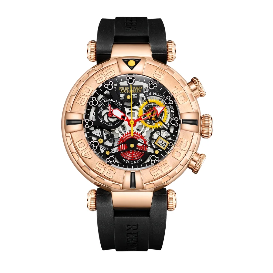 

Reef Tiger Men Chronograph Watch,Mens Watches Fashion Waterproof Wristwatch Luxury Skeleton Dial Sapphire Mirror Rubber Strap