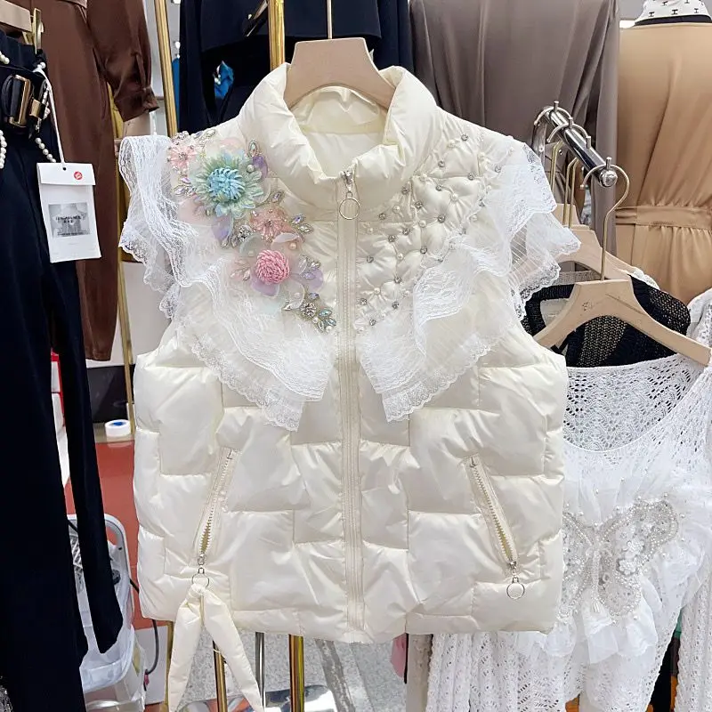 

Nail Beaded Cotton Vest Coat Women's 2023 Winter Thickened Lace Vest