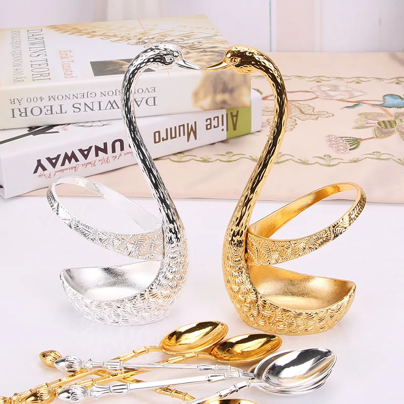 

7Pcs Swan Fruit Base Holder Forks Spoons Set, Stainless Steel Salad Dessert Forks Coffee Spoon Cake Tableware Kitchen Set