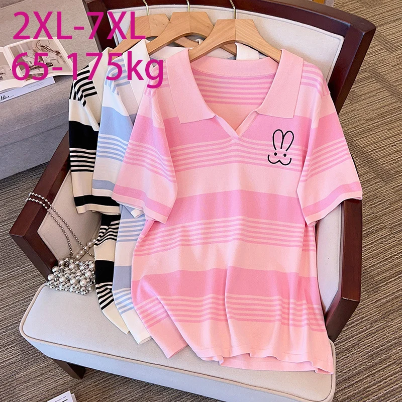 

6XL 7XL Large Women's Summer Ice Silk Knitted Tops Casual Big Loose Show Slim 100/150/175kg Short Sleeve Polo T-shirt Women