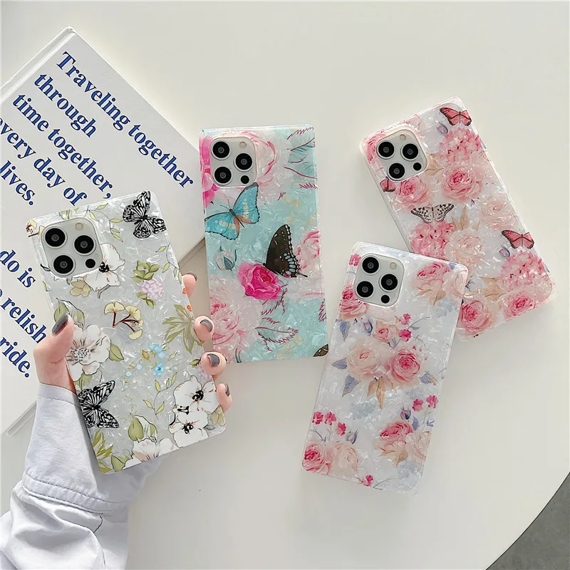 

Butterfly Flower Square Phone Case For iphone 13 11 XS 12 Pro Max X XR 8 7 Plus SE 2020 Cover Leopard Silicone Soft TPU Back