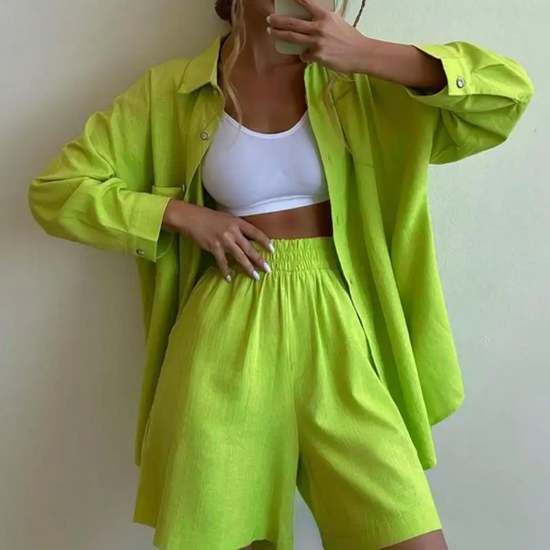 

Однотонные рубашки Wepbel, топы, свободные короткие брюки с высокой талией, комплект из 2 предметов, наряды, рубашка с длинным рукавом, модные по...