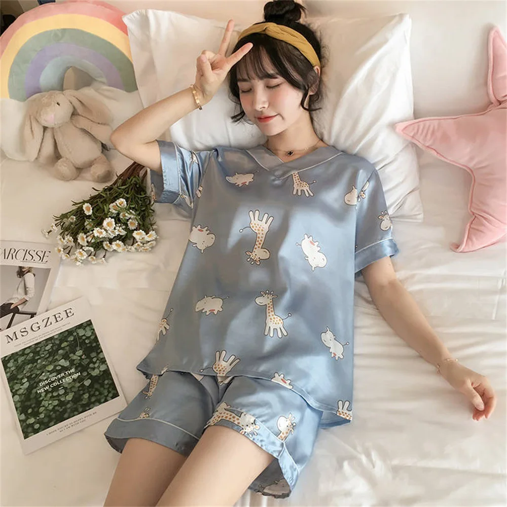 Women's Summer Short-sleeved Ice Silk Pajamas Women Loose and Comfortable Homewear Pyjama Femme Satin Silk Pajama Shorts