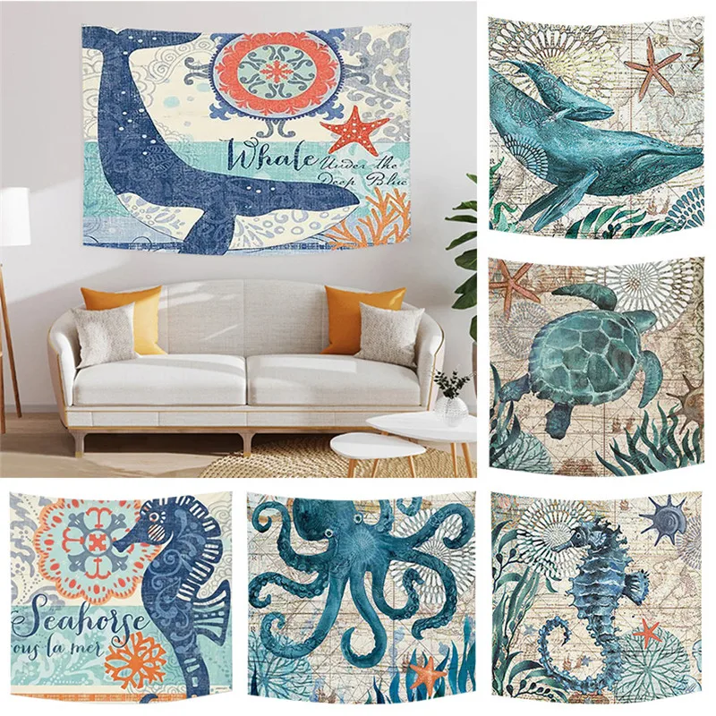 

Undersea World Blue Whale Octopus Seahorse Printed Pattern Polyester Tapestry Wall Hanging Tapestries For Bedroom Dorm Decor