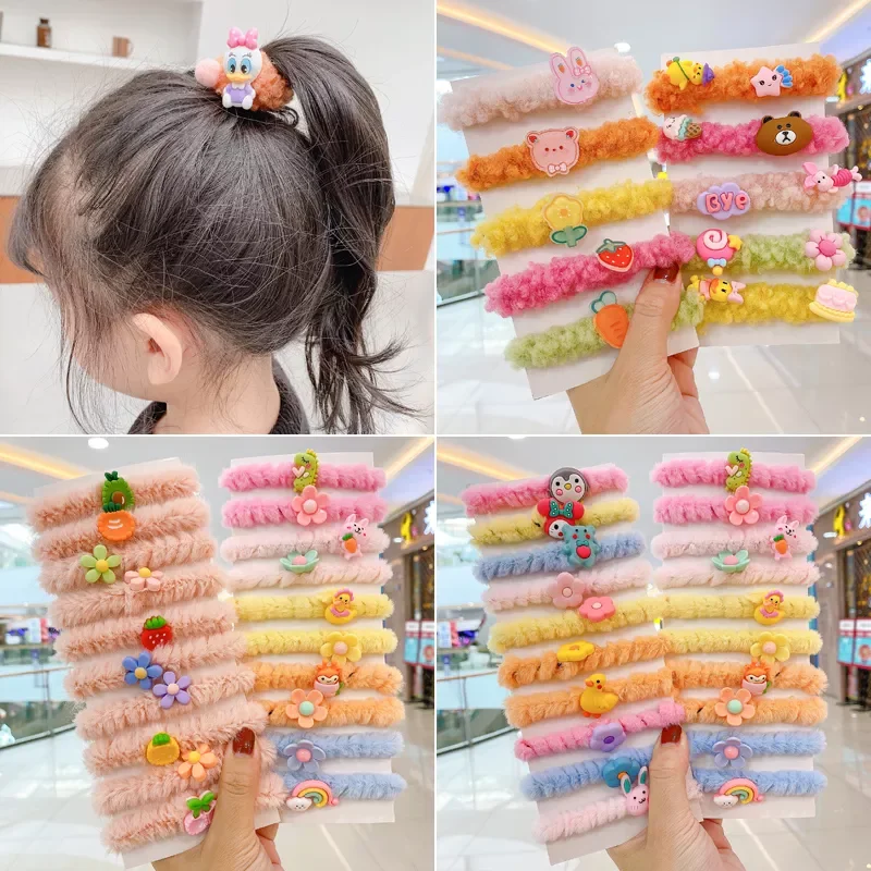 

Pcs/Set Children Cute Soft Lambswool Cartoon Flower Scrunchies Rubber Bands Girls Faux Fur Hair Bands Kids Hair Accessories