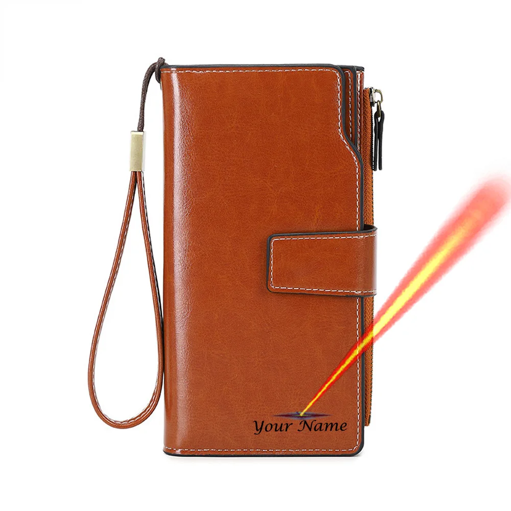 

RFID Real Leather Personalized Women Wallet Long Oil Wax Leather Retro Customized Wallets for Women with Names Clutch Bag