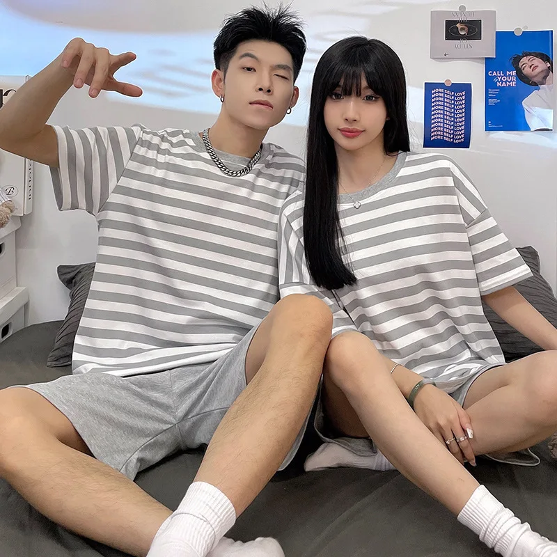 Summer Couple Pajamas Short-sleeved Cotton Thin Sleepwear Simple Casual Comfortable Two-piece Suits Women Men Home Wear Sets
