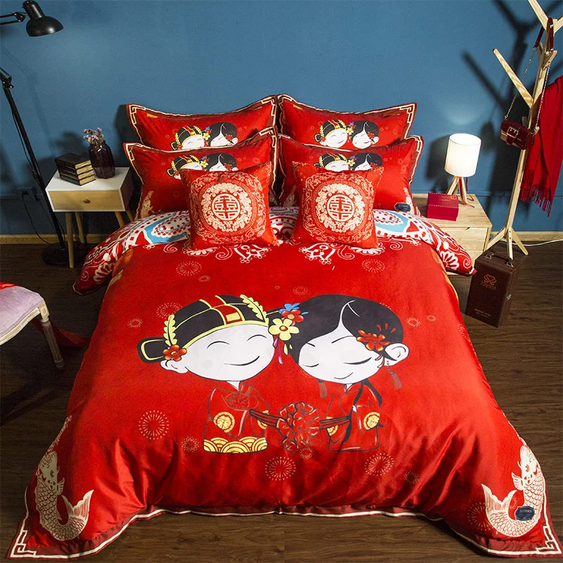 

Chinese style bedclothes soft 3D quilt cover red Jubilation duvet cover pillow cases for wedding bedding sets best selling