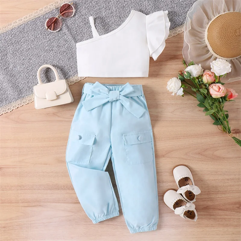 

Summer 4-7Y Kids Girl Outfits Spaghetti Strap Ruffles Fly Sleeve Tops Elastic Waist Long Pants with Belt 2Pcs Clothes Set