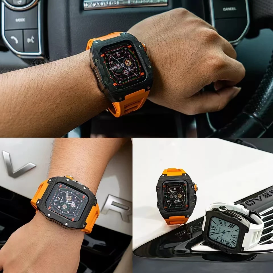 Продажа Модифицированный комплект для Apple Watch серии 8/7 45 мм резиновая Роскошная металлическая рамка для IWatch SE654 44 чехол из углеродного волокна и нерж...
