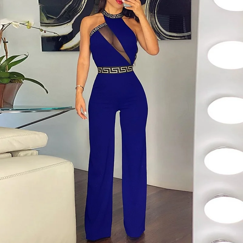Sexy Mesh Jumpsuits Women 2022 Summer New Women Clothes O Neck Cutout Sheer Casual Black Blue Red Sleeveless Jumpsuit