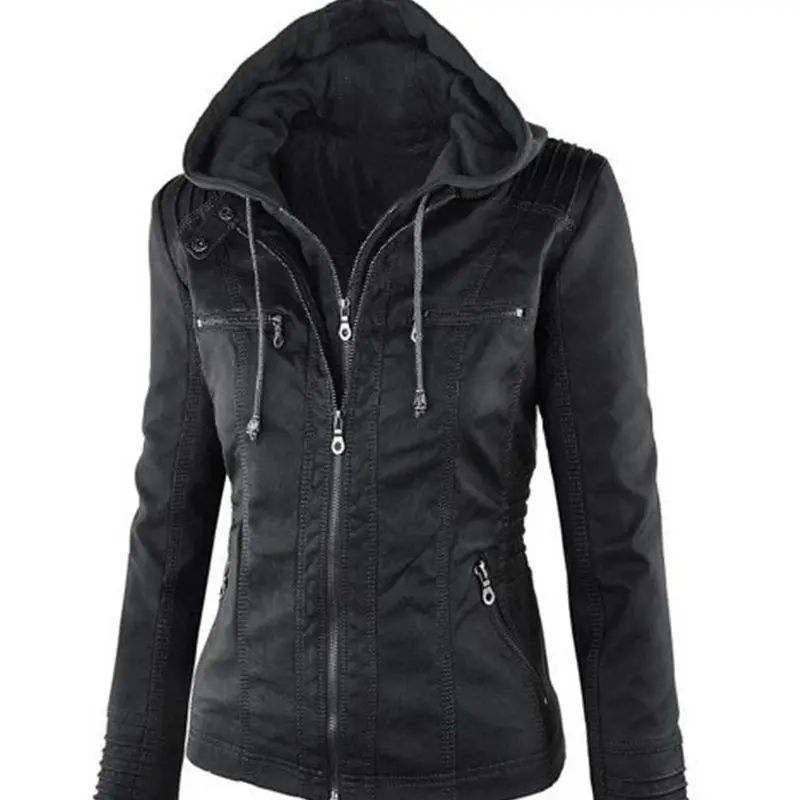 

Winter Faux Leather Jacket Women Casual Pu Coats New Zippered Outerwear Hot Sale Collar Detachable Zipper Motorcycle Hooded