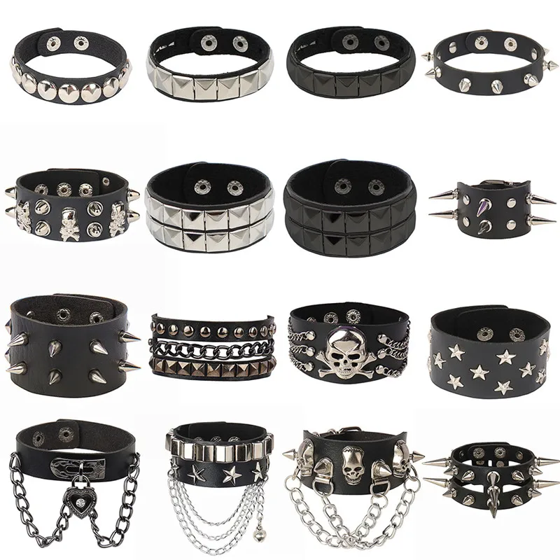 2022 Skull Star Heart Punk Gothic Rock Three Row Metal Stud Spikes Rivet Pu Leather Wristband Bangle Wide Cuff Bracelet