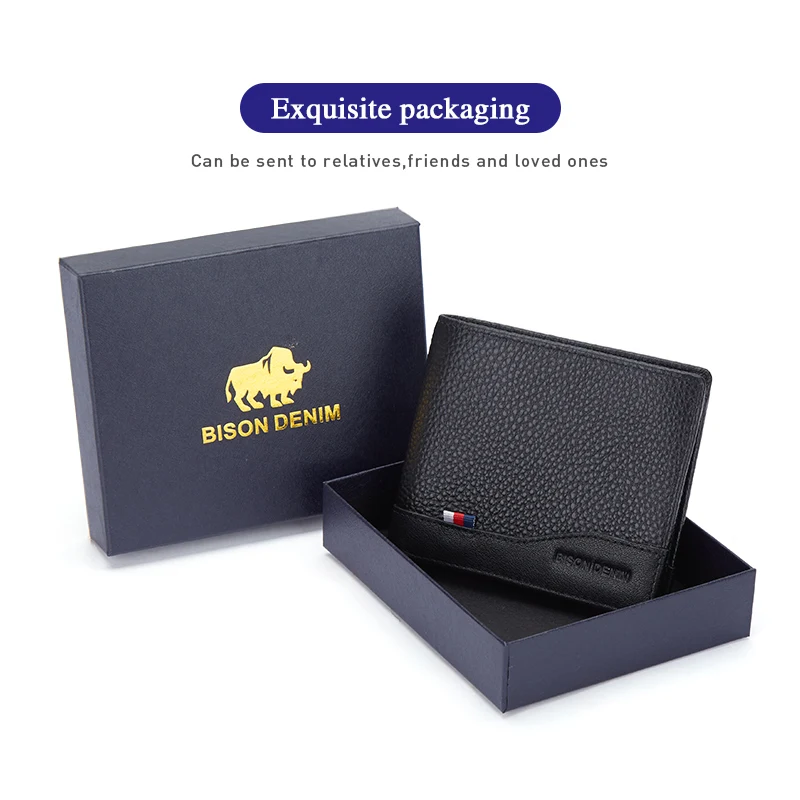 BISONDENIM Genuine Leather Men Wallets Coin Pocket Card Holder Male Purse Fashion Wallets High Quality Gift for Husband Father