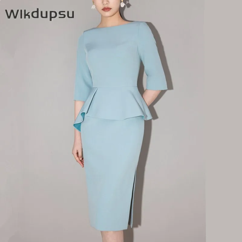 Luxury Formal Dress Women Elegant Slit Midi Pencil Dress Three Quater Sleeve Ruffles Design Office Lady Work Dresses Plus Size