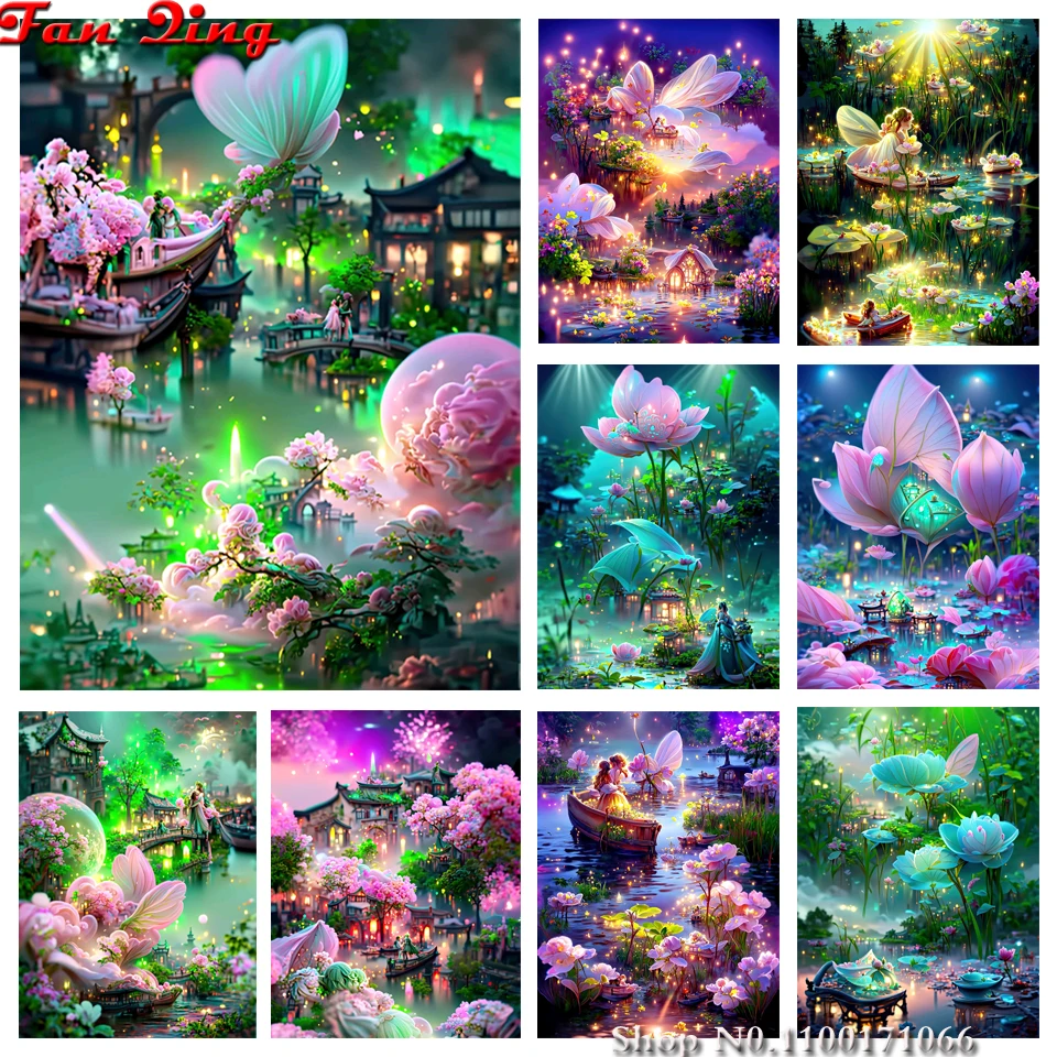 

Landscape 5D Diamond Painting Full Diamond Dream Lake Lotus Diamond Mosaic Embroidery Pattern Home Decoration DIY Handmade