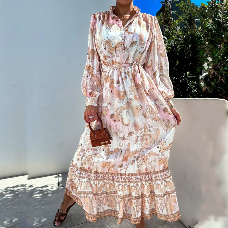 

Весеннее женское плиссированное платье с воротником-стойкой и длинным рукавом, повседневное женское платье с цветочным принтом и бантом, праздничное платье