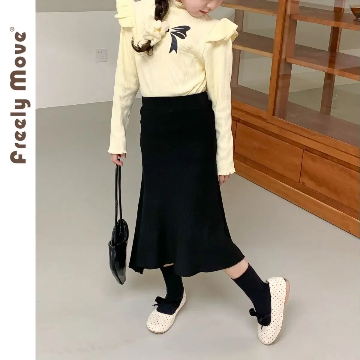 

Freely Move Girls Clothes Kids Girls Summer Black Trumpet Skirts Princess Casual Mermaid Skirts Autumn Fashion Mid-calf Skirts