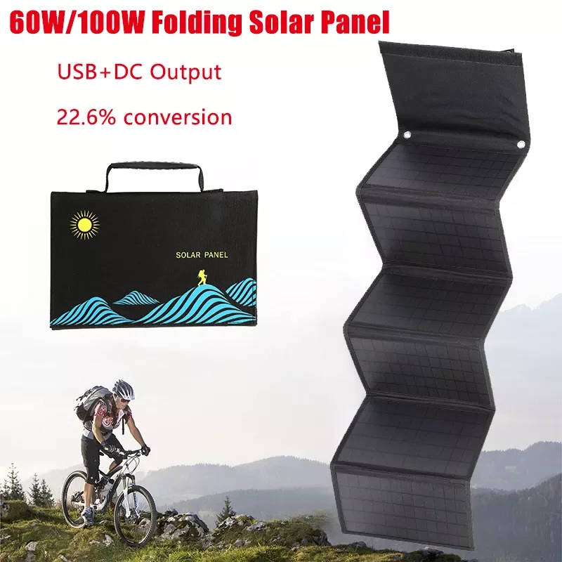 

NEW 60W/100W Solar Panel Portable Folding Bag USB+DC Output Solar Charger Outdoor Power Supply for Mobile Phone Power Generator