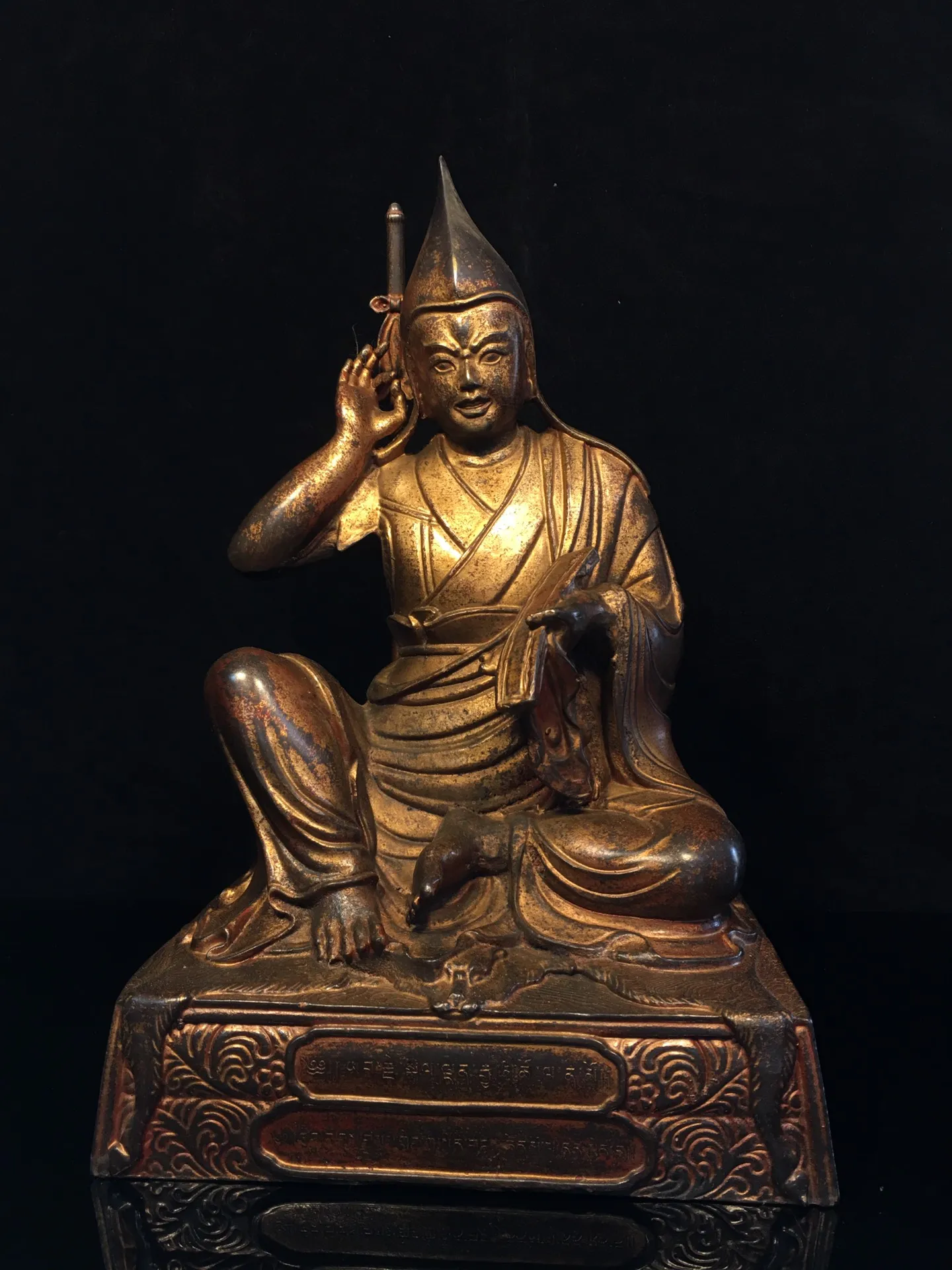 

12"Tibet Temple Collection Old Bronze Cinnabar Gilding Tsongkhapa Tibetan Buddha Sitting Buddha Worship Hall Town house Exorcism