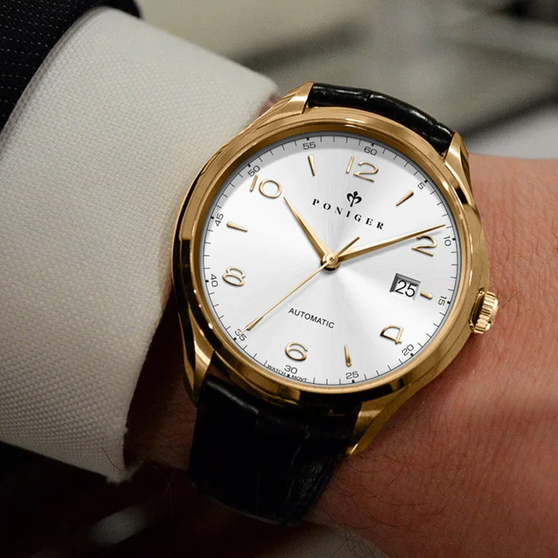 PONIGER Классические мужские механические часы из нержавеющей стали с кожаным