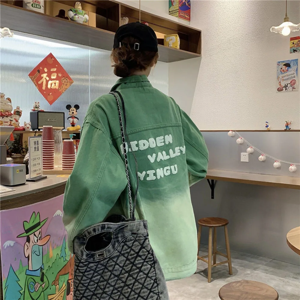 

Spring 2022 New Letter Embroidery gradient denim jacket women's retro Korean Street loose Jean Coat all-match top trendy Outwear