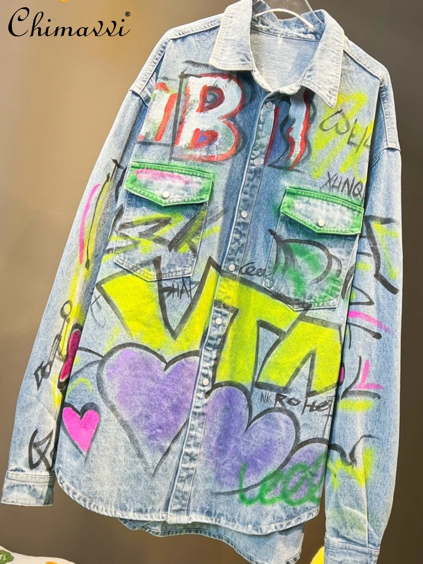 

European 2022 Spring Autumn New Fashion Hand-Painted Graffiti Denim Shirt Women's Elegant Loose Sstreetwear Mid-Length Blouses