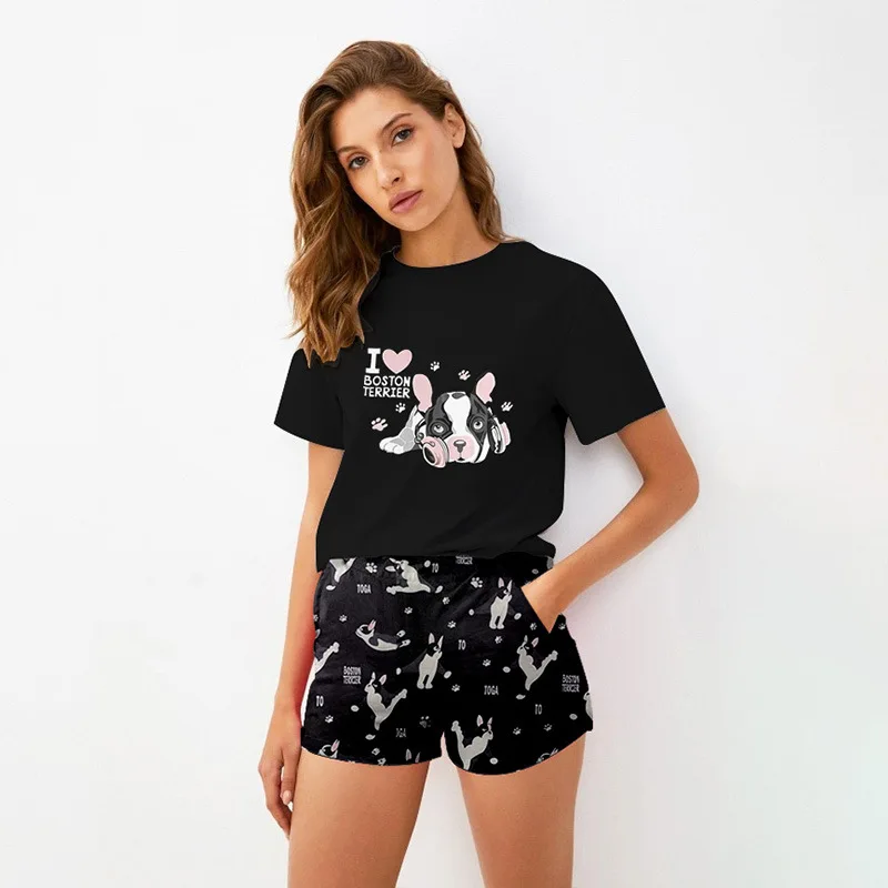 Daeyard Women Casual Home Clothes Summer Short Sleeve Cartoon T-Shirt And Shorts 2Pcs Pajama Set Fashion Pajamas Sleepwear