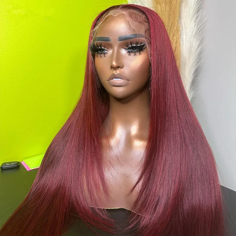 

Preplucked Soft 180%Density 26Inch Burgundy Silky Straight Long Natural Hairline Glueless Lace Front Wig For Women Babyhair