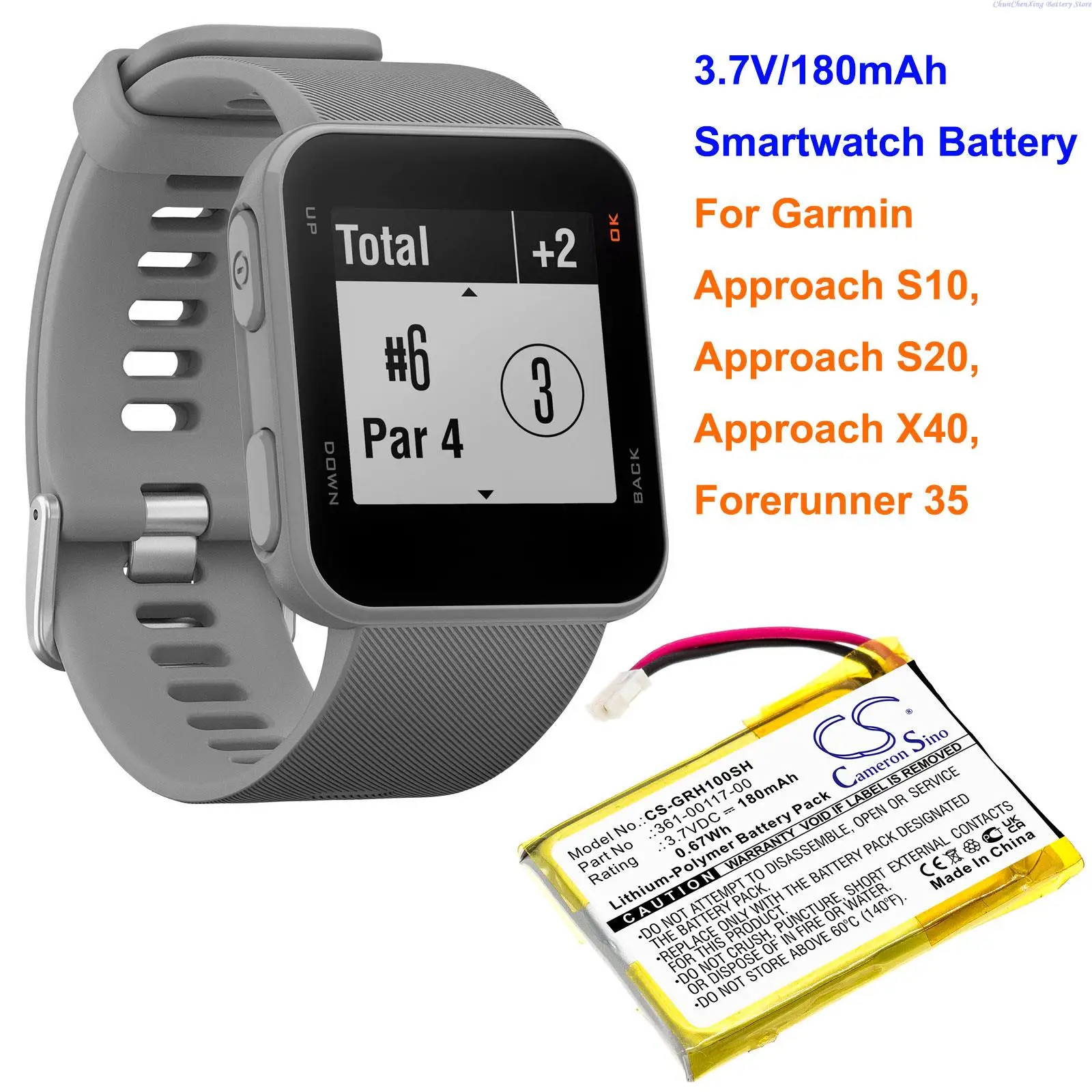 

Cameron Sino 180mAh Smartwatch Battery 361-00117-00 for Garmin Approach S10, Approach S20, Approach X40, Forerunner 35