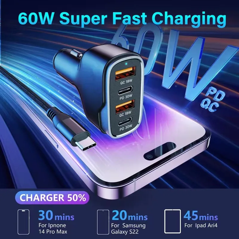 

60W car charging super fast charging four port car charger USB cigarette lighter dual PD30W+dual QC3.0 18W