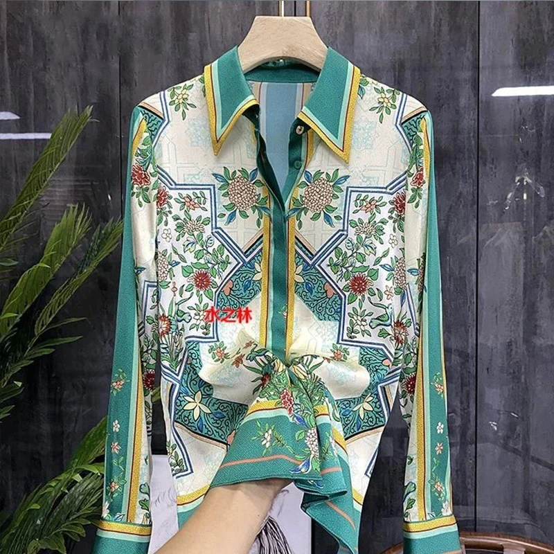 Женская летняя рубашка с длинным рукавом и цветочным принтом 6279