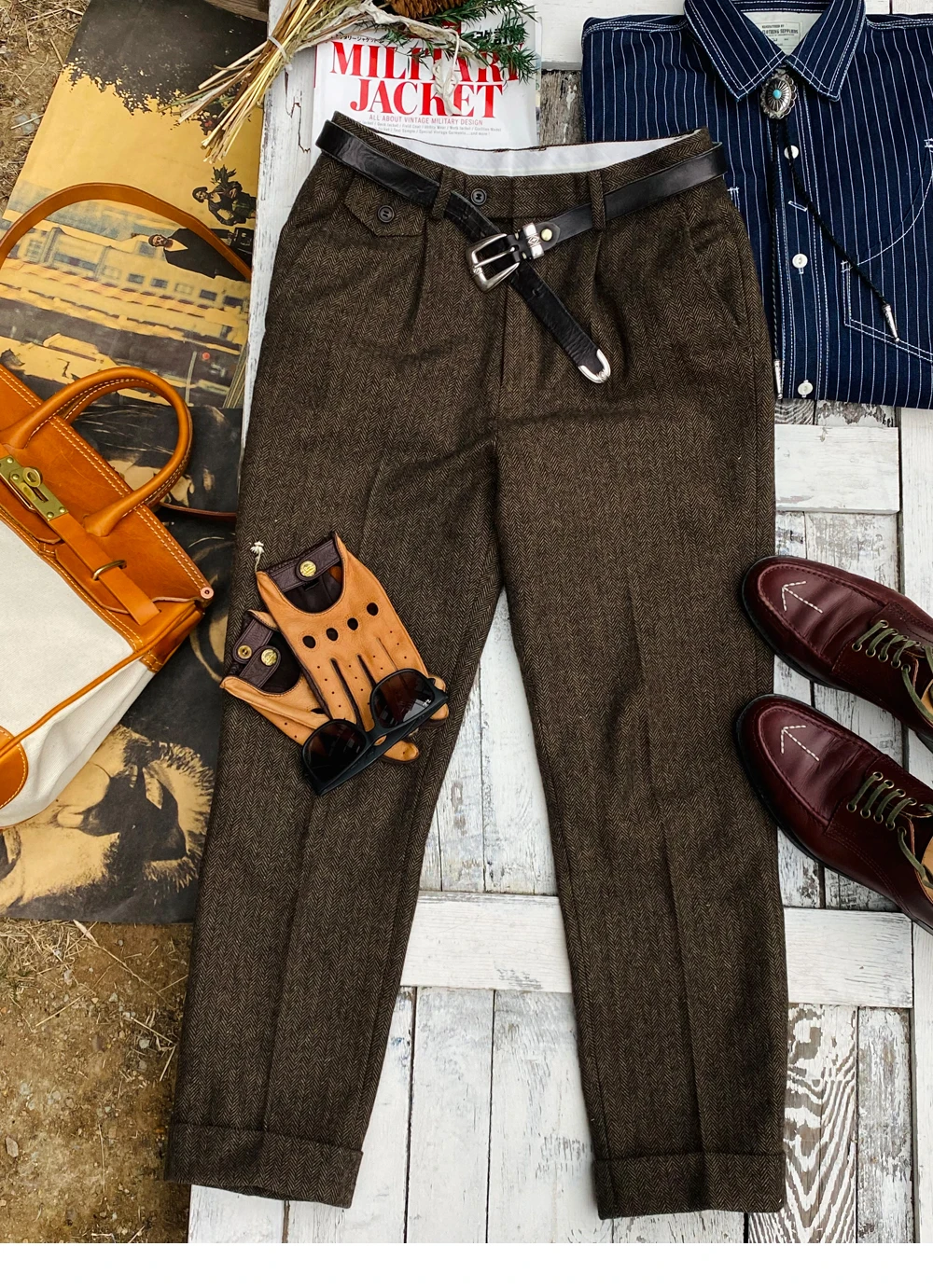 Men's Tweed Pants Mid-waist Straight Business Classic Style Vintage Trousers